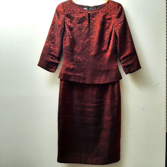 Vintage Maggy London Red Metallic Shine Animal Print Midi Dress - Picture 1 of 7